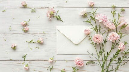 Image of envelope with delicate pastel pink beautiful flowers arrangement over white wooden background. Flat lay, top view,generative ai, generative,ai