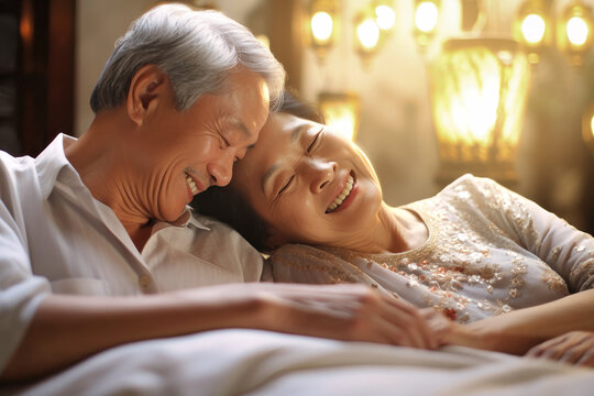 An elderly Asian man and woman are seen laying together on a bed, showing affection and intimacy