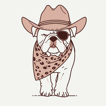 Bulldog wear cowboy hat and leopard print scarf, Funny and Cool, Minimal T-Shirt design for Dog Lover, Svg Eps Vector illustration