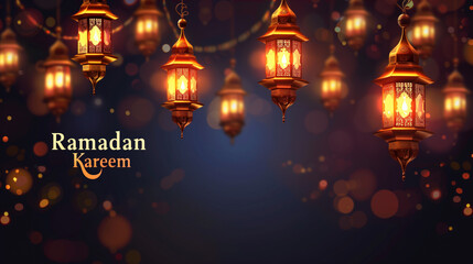 Illuminated Traditional Lanterns with Ramadan Kareem Greeting.