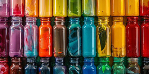 Detailed close-up of multicolored bottles with water droplets, illustrating texture and vividness