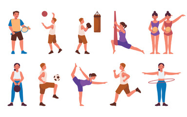 A diverse set of illustrations displaying men and women engaged in various sports and fitness activities