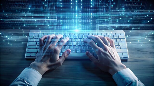 A computer programmer's hand hovering over a keyboard, with lines of code forming a digital projection above the keys as they type.