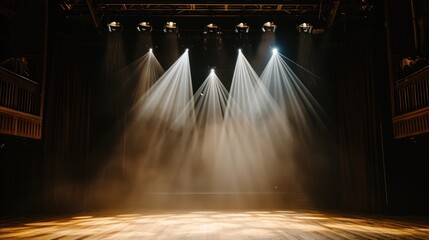 stage light lighting device with colored spotlights and smoke, concert and theater stage concept - obrazy, fototapety, plakaty