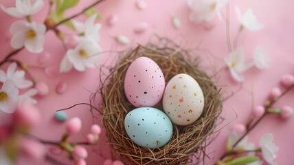 Naklejka na ściany i meble A nest of eggs with a pink background. The eggs are in different colors, including pink, yellow, and blue. The nest is surrounded by branches and flowers, creating a peaceful and natural atmosphere