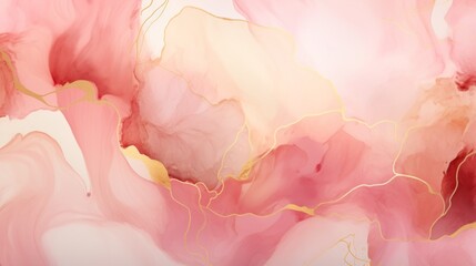 Delicate abstract pastel background with liquid pink watercolor, golden lines, streaks. Creative...