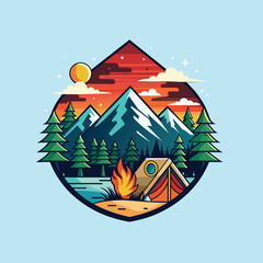  Vector illustration of a campfire in the forest with a tent. Camping t shirt .