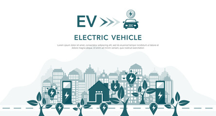 Banner with icon illustration environment friendly. Energy EV car concept. Electricity vehicle charge battery electric, green eco technology