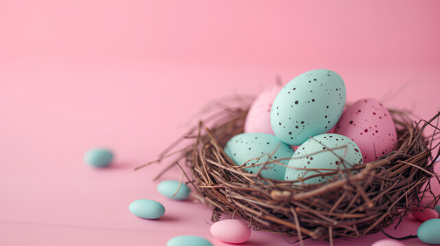 A nest of eggs with a pink background. The eggs are in different colors, including pink, yellow, and blue. The nest is surrounded by branches and flowers, creating a peaceful and natural atmosphere