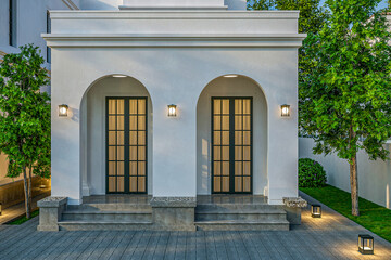 Luxury house entry way exterior with concrete floor porch.