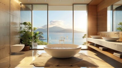 Luxury bathroom interior with bathtub and panoramic window