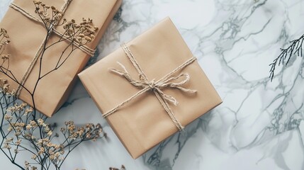 Invitation or greeting card mockup with gift box and dry flowers twigs, stylish top view mockup with copy space ,generative ai, 