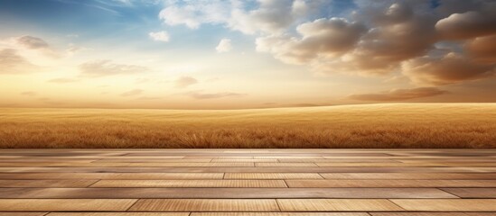 Obraz premium A wooden floor is shown against a backdrop of a clear blue sky. The planks of the floor are visible, creating a natural and rustic feel while the sky provides a bright and open view.