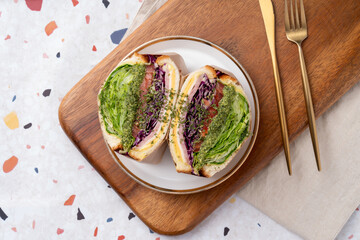 Ham, cheese, sandwiches, eggs, basil, tomatoes, chicken, spicy, wasabi, crab meat, chicken tender, teriyaki, cafe latte,