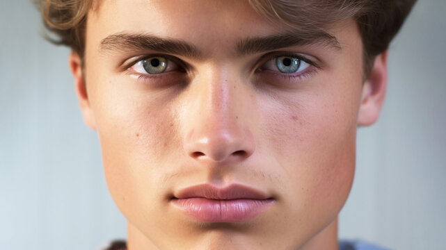 portrait of handsome young male model, headshot of Beautiful male model with large green eyes