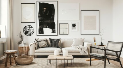 Chic Minimalist Living Room Decor Featuring Abstract Art Gallery Wall