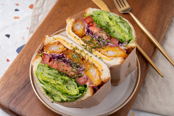 Ham, cheese, sandwiches, eggs, basil, tomatoes, chicken, spicy, wasabi, crab meat, chicken tender, teriyaki, cafe latte,