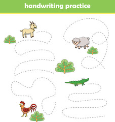 Trace line worksheet for preschool kids with cute wild animals. Vector illustration
