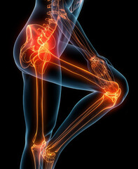 joint pain. blue transparent outline of a person's legs, red inflamed knee and hip joints. human anatomy.
