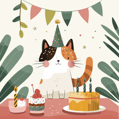cat celebrating a birthday with a tiny cake and party hat, vector graphic, white background