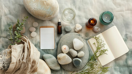 Top-down view of a serene spa setting with natural products, stones, and open notebook
