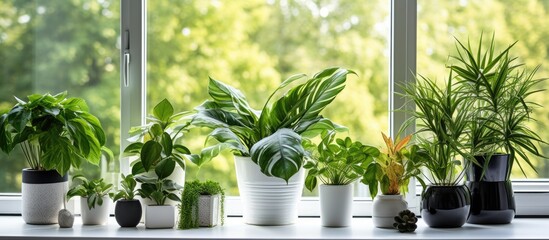 A window sill in a room is adorned with various potted plants, creating a vibrant green display. The plants are neatly arranged next to the window, soaking up the sunlight.
