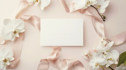 Paper card near white orchid flowers and light pink silk ribbons on light beige, top view, Wedding mockup. Romantic scene with horizontal blank card flat lay. Tropical exotic concept,generative ai,