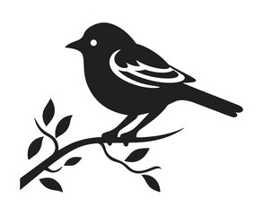 Bird on branch vector illustration. Small sparrow sitting on tree hand drawn black on white background. Spring nature decorative silhouette