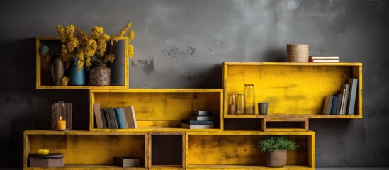 A vintage yellow shelf in an interior setting is filled with books and vases. The books are neatly arranged alongside various vases, creating a visually appealing display. - Powered by Adobe