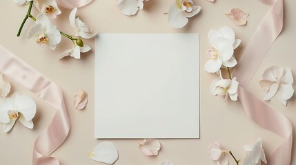 Paper card near white orchid flowers and light pink silk ribbons on light beige, top view, Wedding mockup. Romantic scene with horizontal blank card flat lay. Tropical exotic concept,generative ai,