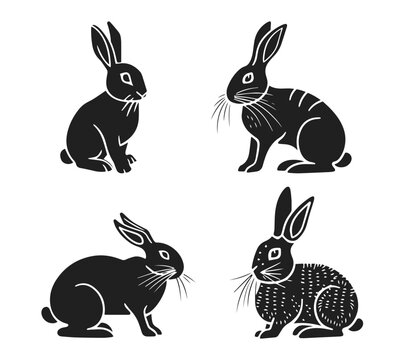 Rabbit vector illustration. Bunny hand drawn black on white background. Farm animal decorative silhouette