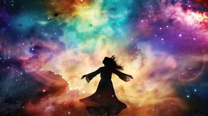 Fototapeta na wymiar Cosmic Dance of the Silhouetted Figure Amidst Colorful Nebulae