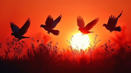 Morning sky sunrise with doves flying - obrazy, fototapety, plakaty