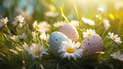 Obraz na płótnie Canvas Easter eggs on spring grass, spring easter concept