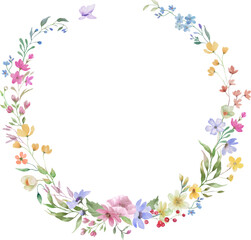 Watercolor floral wreath. Hand drawn illustration isolated on transparent background. Vector EPS.