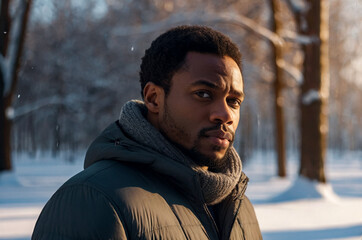 Portrait pensive african american guy posing in snowy russian winter at forest park background, looking at camera. Thoughtful face black man, falling snow outdoors. Emotion concept. Copy ad text space