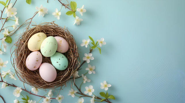 A nest with a blue background. The eggs come in different colors, including pink, yellow and blue. The nest is surrounded by branches and flowers, creating a peaceful and natural atmosphere.