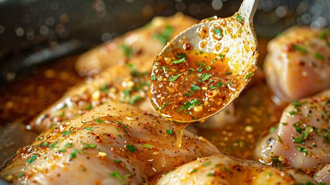Gastronomic Delight: A Close-Up of a Spoonful of Savory Chicken