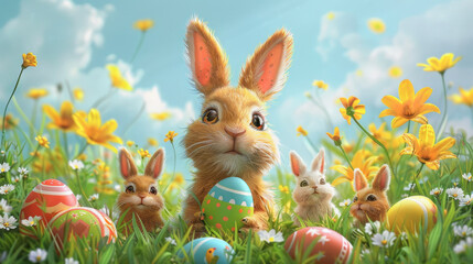 A cartoon rabbit holding an Easter egg in a field of flowers. The other rabbits are also holding eggs - obrazy, fototapety, plakaty