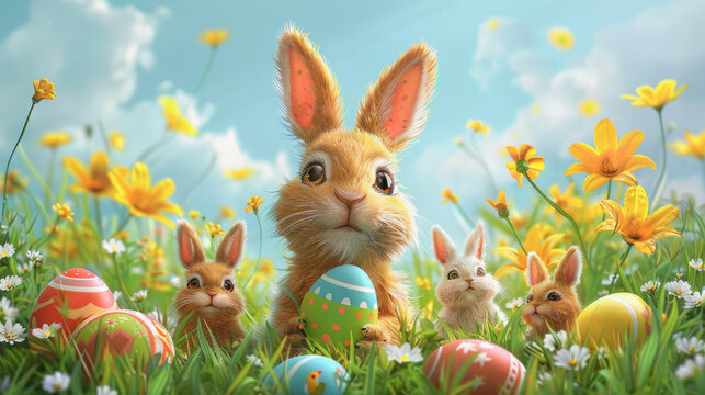 A cartoon rabbit holding an Easter egg in a field of flowers. The other rabbits are also holding eggs