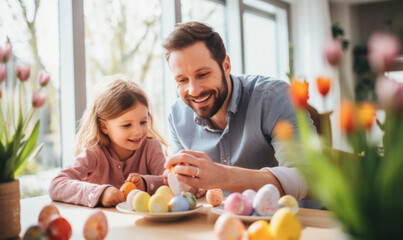 A man and a little girl are sitting at a table with a plate of Easter eggs in front of them. Scene is happy and playful