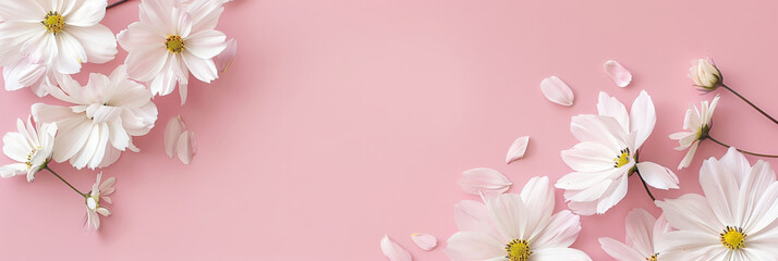 Fototapeta na wymiar white daisy flowers on pink background , banner, empty space for text, minimalist composition