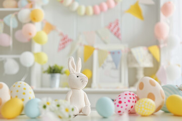 A white stuffed rabbit is sitting on a table with a bunch of colorful eggs. The scene is bright and cheerful, with the rabbit and eggs adding a playful touch to the room - Powered by Adobe