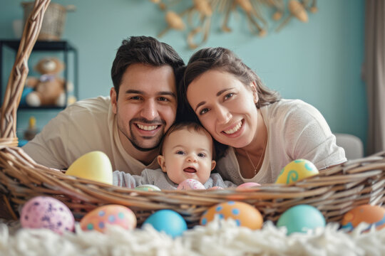 A family of three, a man, a woman and a baby, are posing for a picture with a basket of Easter eggs. Scene is happy and joyful, as the family is smiling and enjoying their time together