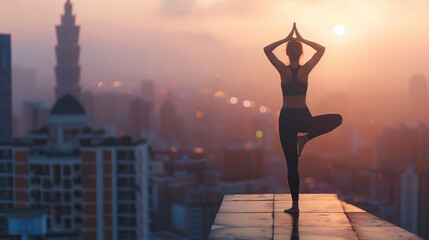 A woman in yoga attire standing on the edge of an urban rooftop, doing a tree pose with skyscrapers and city lights as her backdrop at sunset