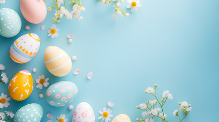 eggs with blue background The eggs come in different colors such as pink, yellow and blue. The nest is surrounded by branches and flowers, creating a peaceful and natural atmosphere.