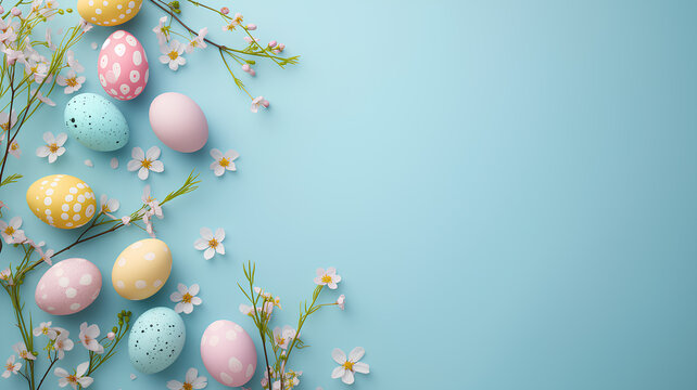 eggs with blue background The eggs come in different colors such as pink, yellow and blue. The nest is surrounded by branches and flowers, creating a peaceful and natural atmosphere.