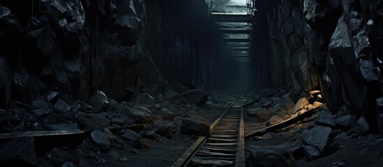 A train track runs through a dark tunnel in a contemporary coal mine. The tunnel is dimly lit, with the track disappearing into the darkness as it continues on its path underground.