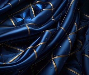 A luxurious blue silk fabric with intricate gold geometric patterns. Generative AI.