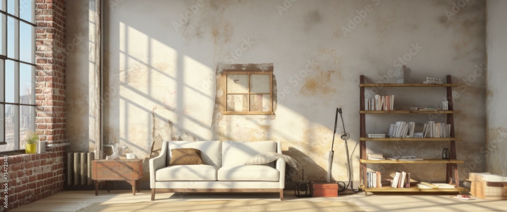 Poster an empty room with a couch and bookshelf. generative ai.
